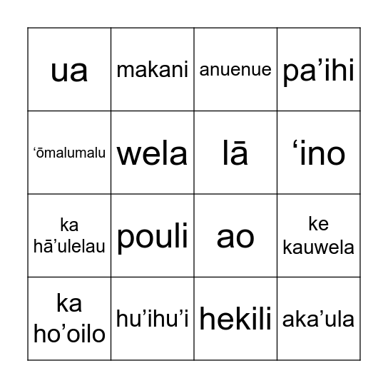 Ke Kau a me Ke Ānila Bingo Card