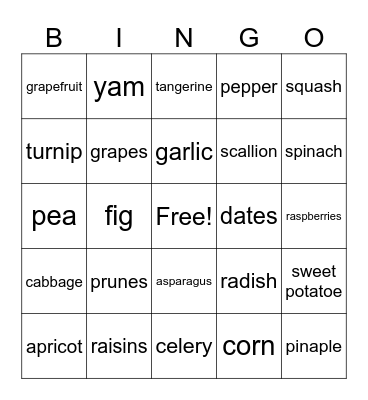 FRUITS AND VEGETABLES Bingo Card