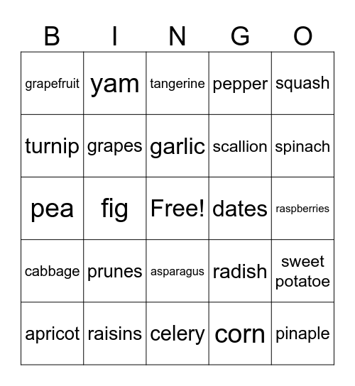 FRUITS AND VEGETABLES Bingo Card