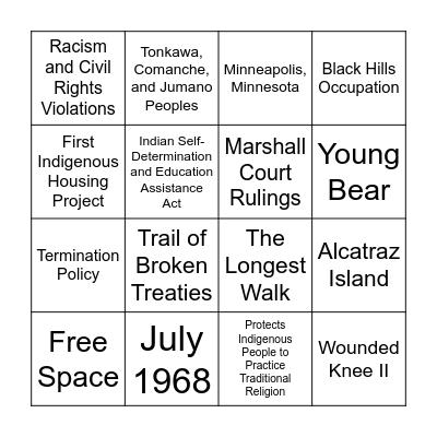 American Indian Movement Bingo Card