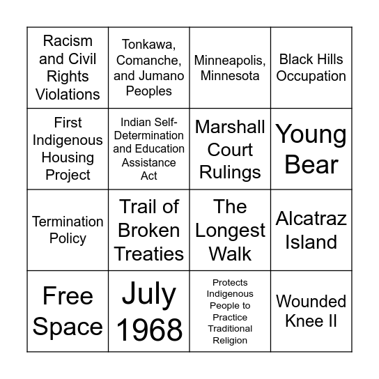 American Indian Movement Bingo Card