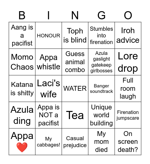 Avatar bingo Card