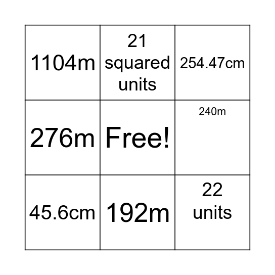 Area & Perimeter Bingo Card