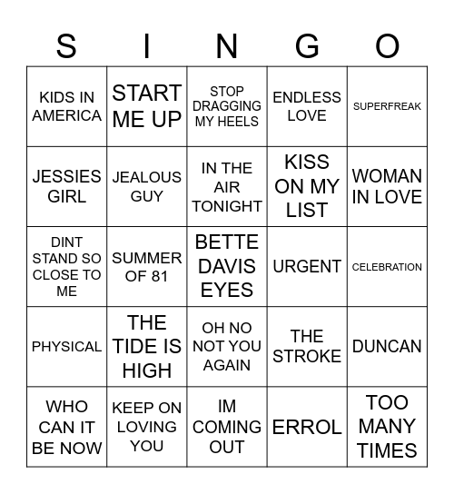 907 POP HITS 1981 Bingo Card