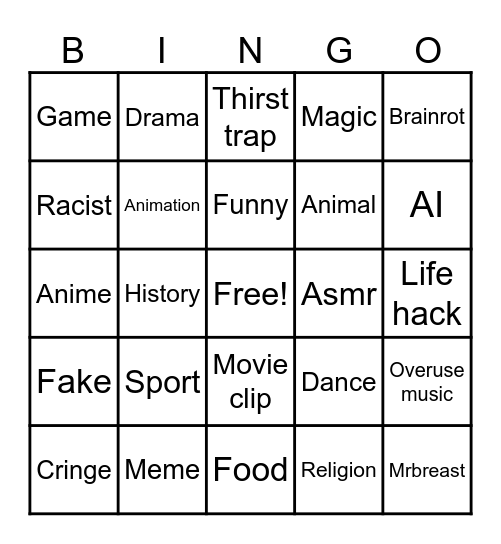 Flash4U's youtube shorts bingo! Bingo Card