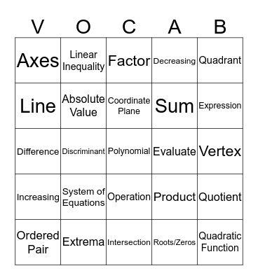 Algebra 2 Vocab #2 Bingo Card