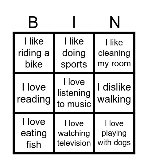 Likes and dislikes Bingo Card