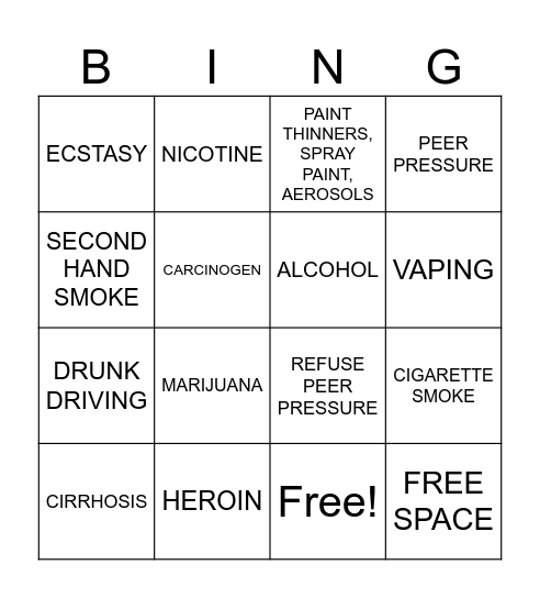 Substance Abuse and Prevention Bingo Card