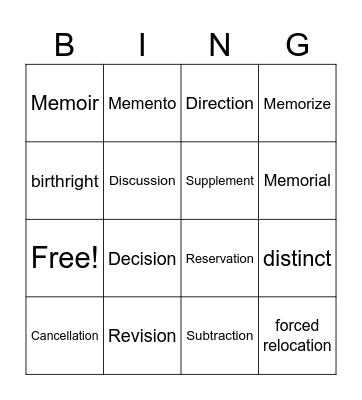 Spelling words Bingo Card