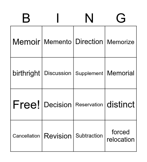 Spelling words Bingo Card