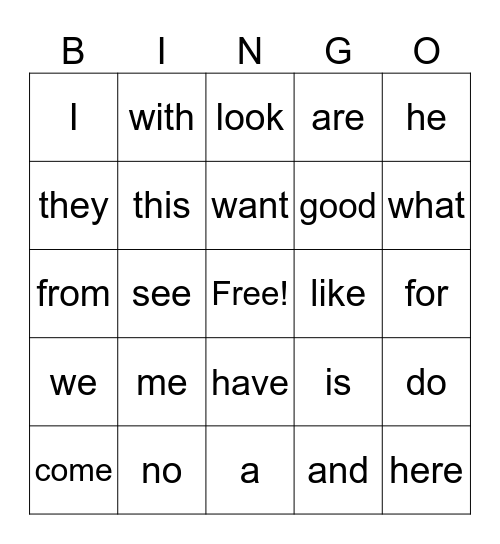 Sight Word Bingo Card