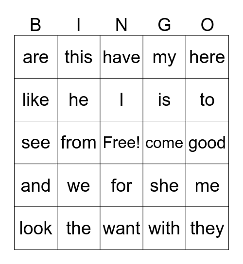 Sight Word Bingo Card