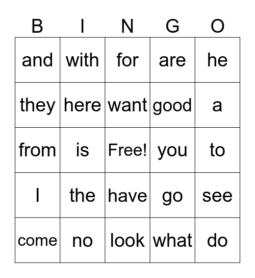 Sight Word Bingo Card