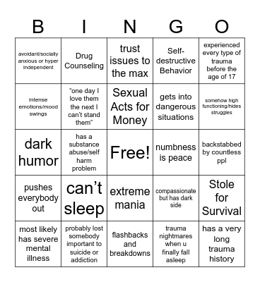 childhood trauma Bingo Card