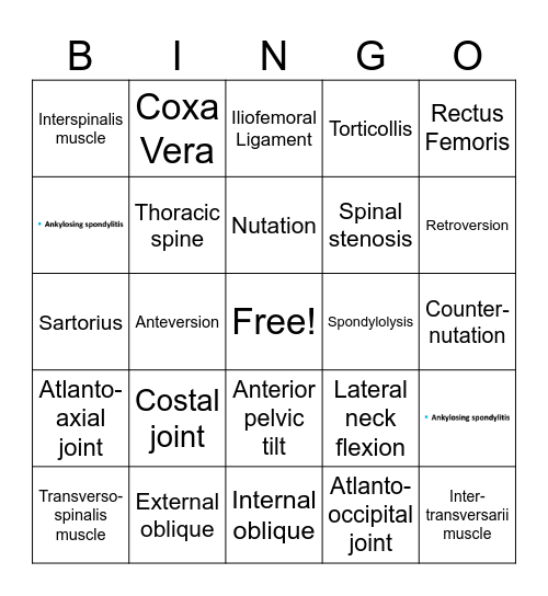 Kinesiology Review Bingo Card