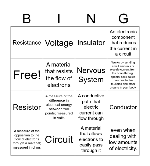 Electricity Safety Vocabulary Bingo Card