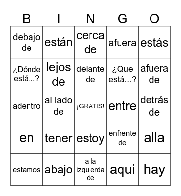 Spanish Prepositions with Estar Bingo Card