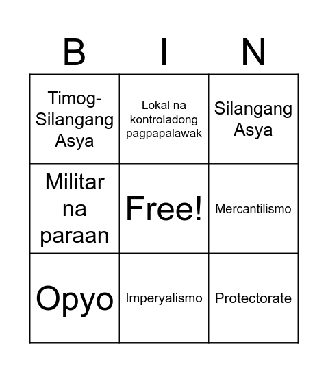 Kolonyalismo at Imperyalismo sa Silangan at Timog-Silangang Asya Bingo Card