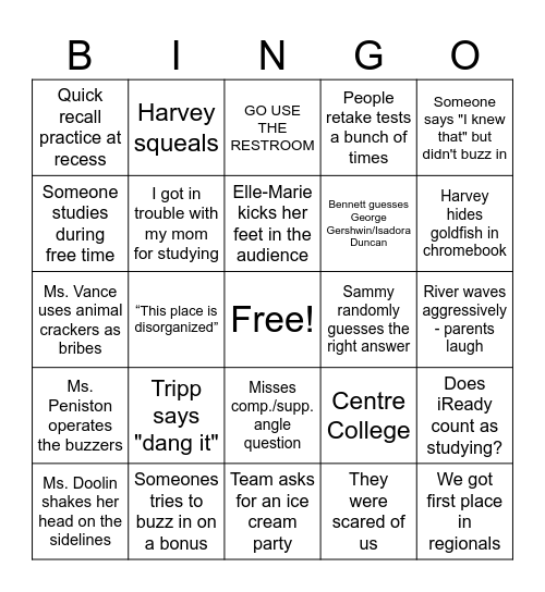 Academic Team Bingo Card