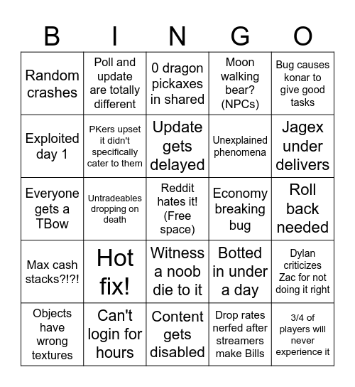 OSRS Update day! Bingo Card