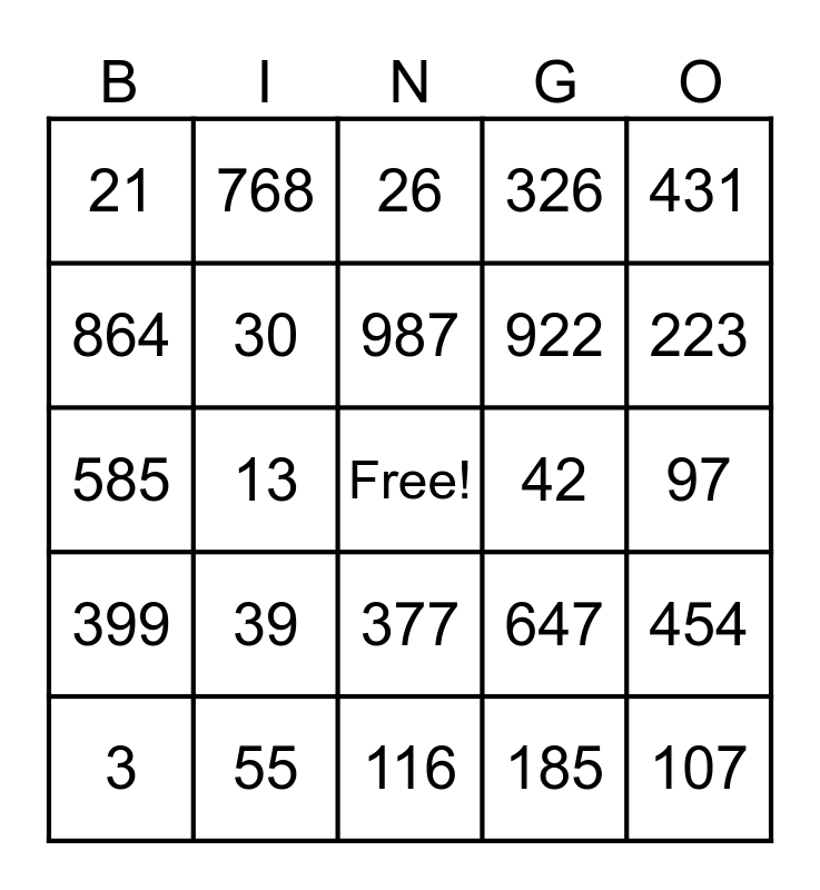 English Numbers 0 to 999 Bingo Card