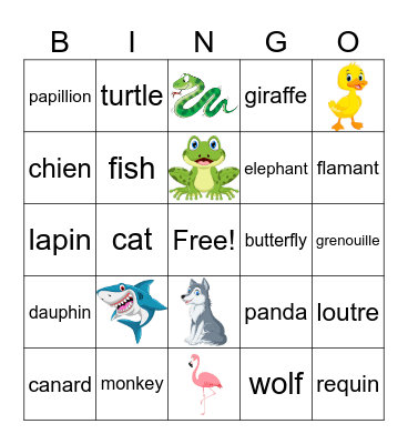 French Animals Bingo Card