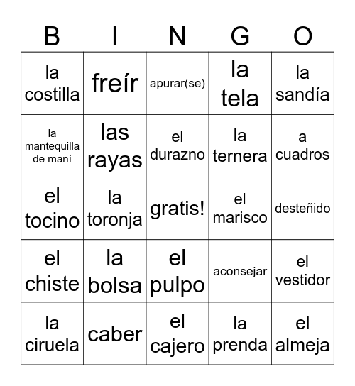 Esp. 2 Unidad 5 De compras Bingo Card