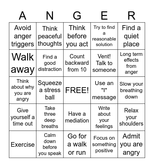 Anger Bingo Card