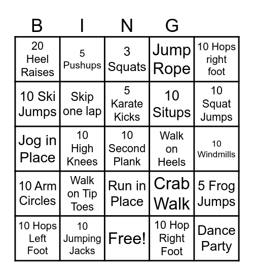 GROSS MOTOR Bingo Card