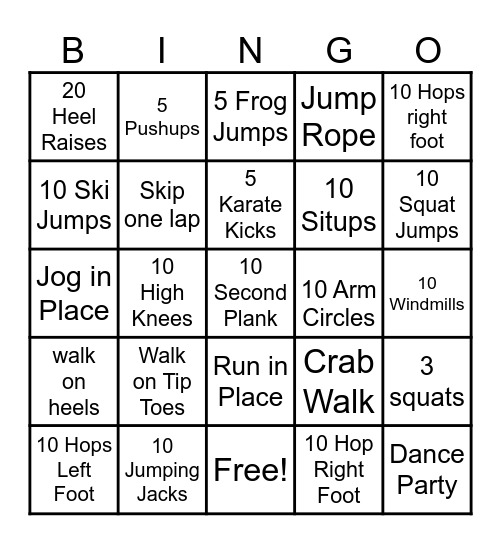 GROSS MOTOR Bingo Card