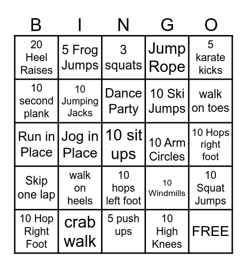 GROSS MOTOR Bingo Card