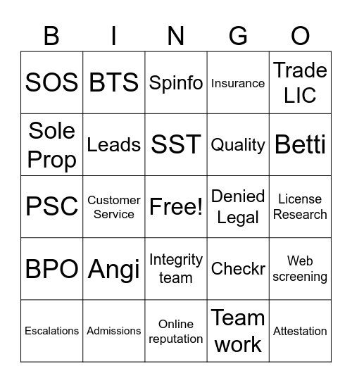 Angi Bingo Card