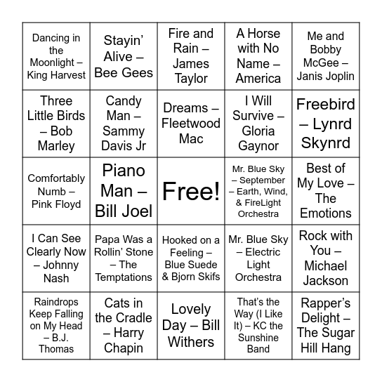 70s Music Bingo Card