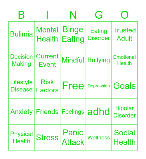 7th Grade Health Bingo Card