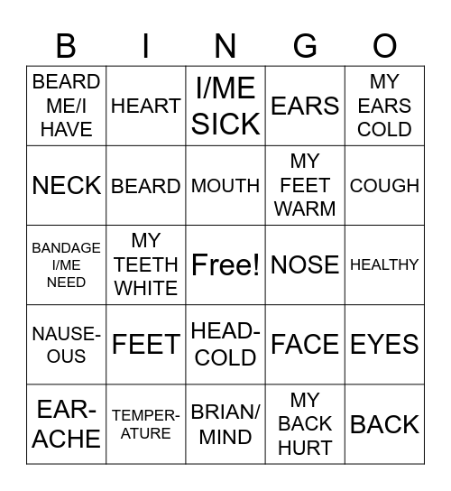 BODY/SICK/HEALTHY VOCABULARY Bingo Card