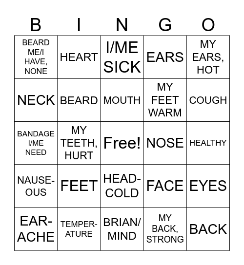 UNIT 7: TOPIC 1: BODY/SICK/HEALTHY VOCABULARY Bingo Card