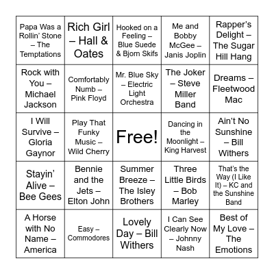 70s Music Bingo Card