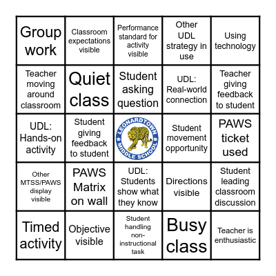 LMS Classroom Walkthrough Bingo Card