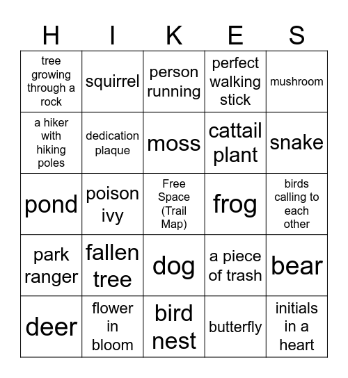 Hiking Bingo Card