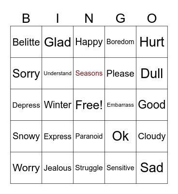Emotions/Feeling/Weathers/Seasons Bingo Card