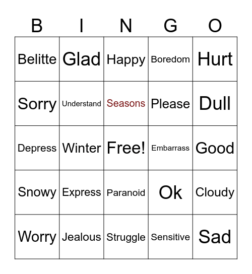 Emotions/Feeling/Weathers/Seasons Bingo Card