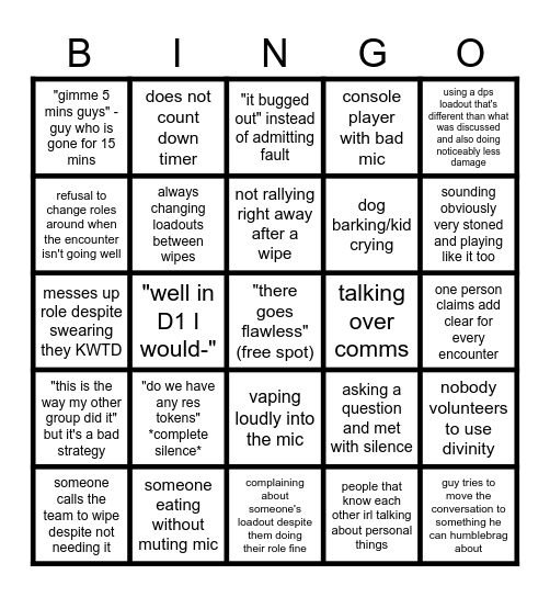 Destiny 2 Raid LFG Bingo Card