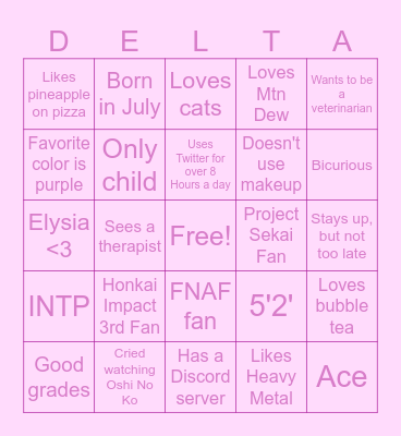 Delta Kinning Bingo Card