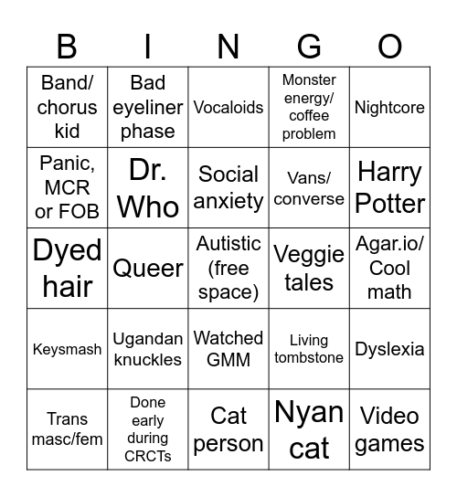 “Gifted Kid” Bingo Card