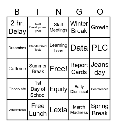 Favorite & Least Favorite Words for Staff Bingo Card