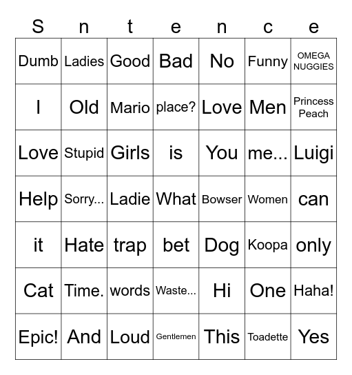 Sentence Bingo Card