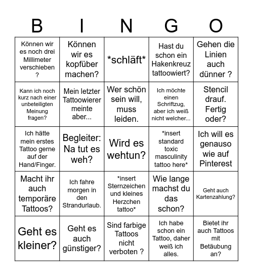 Tattoo Bullshit Bingo Card