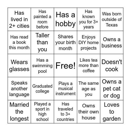 HOUSEWARMING- find the guest! Bingo Card