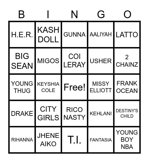 TRAP/R&B Bingo Card