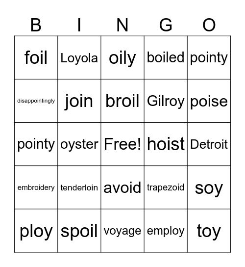 Sounds of OI/OY Bingo Card